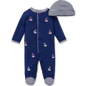 NWT Little Me Sailboats Footed One Piece And Hat Set Navy Blue
